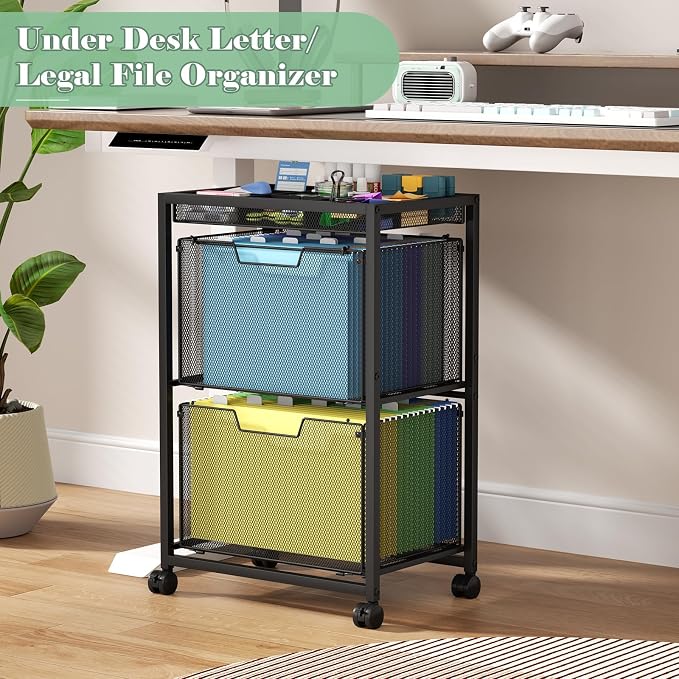 Rolling File Cart with 2 Drawers, Under Desk Storage Cabinet with DIY Divider, Letter/Legal Mobile Filling Cabinet on Wheels, Hanging File Folders Organizer, Metal Utility Cart for Home Office, Black - Image 2