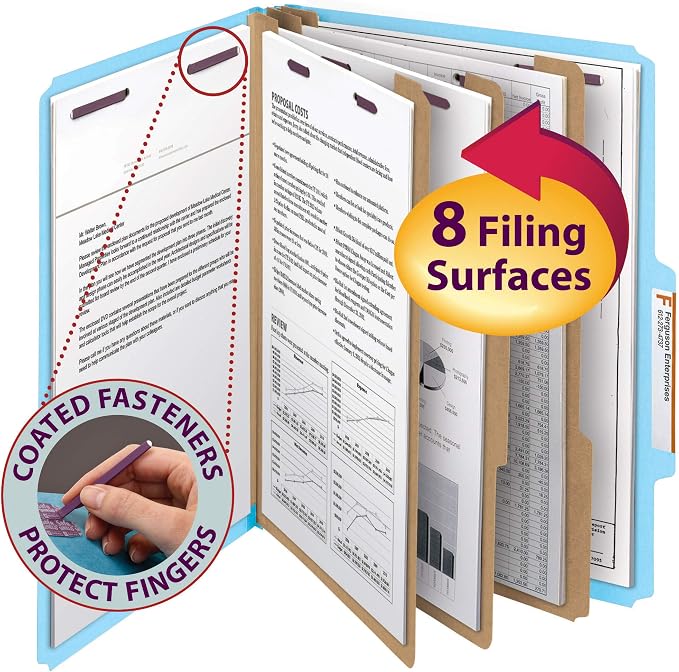 Smead Pressboard Classification File Folder with SafeSHIELD Fasteners, 3 Dividers, 3" Expansion, Letter Size, Blue, 10 per Box (14094) (Pack of 1) - Image 2