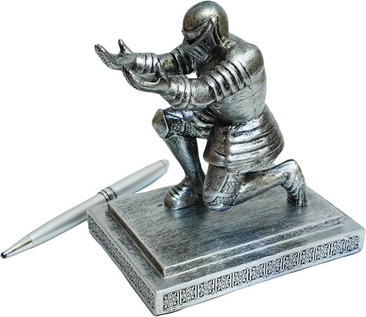 Kneeling Knight Pen Holder - Antique Silver Premium Resin, Funny Desk Decor & Ideal Gift for Men, Dad, Husband, Boss, Boyfriend, Office/Home Desktop Accessory