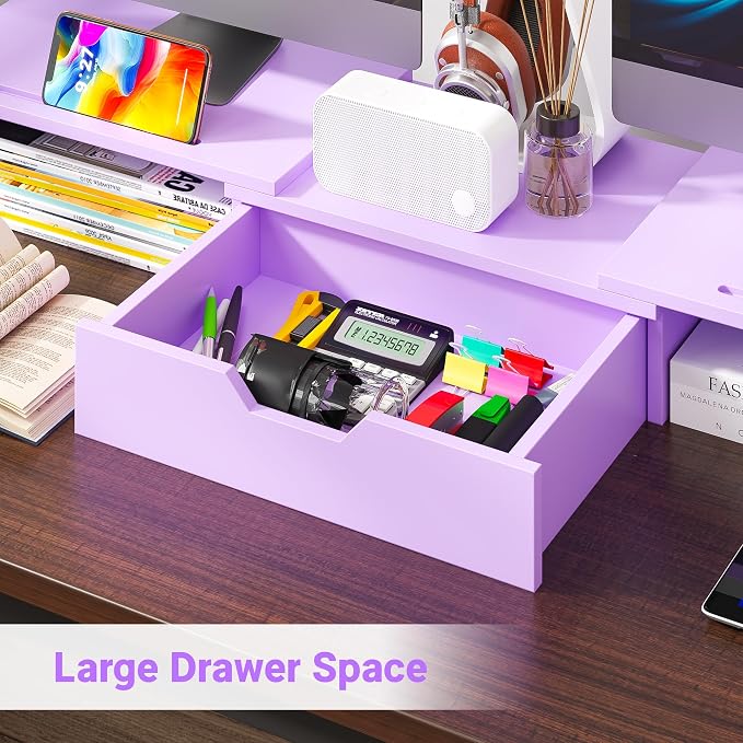 Dual Monitor Stand with USB Ports Wood Monitor Stand Riser with Drawer | Adjustable Desk Shelf,Desk Organizer for Computer,Laptop,Study&Office,No Assembly Required,Pink - Image 4