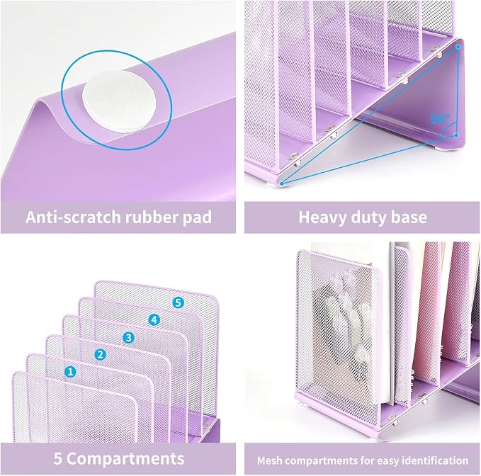 LEKETREE Purple File Organizer for Desk, Desk Organizer with 5-Section Vertical File Rack, File Folder Organizer (Purple) - Image 4