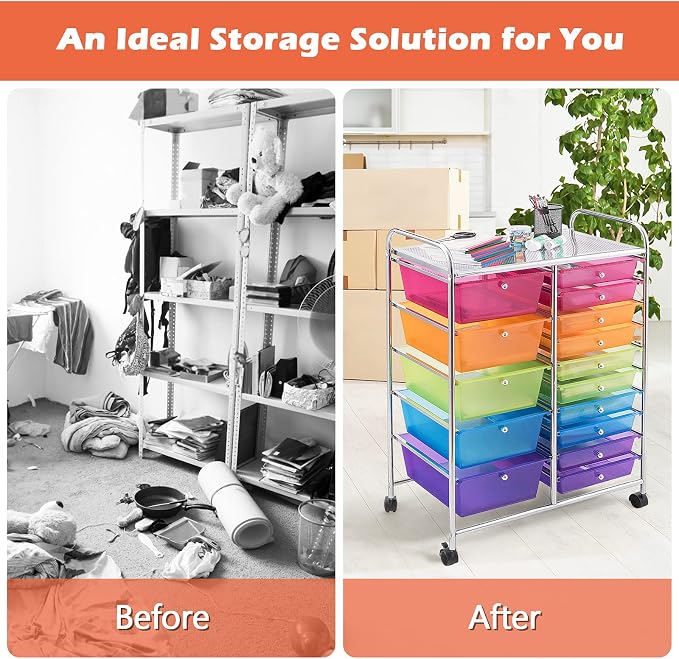 DORTALA 15-Drawer Rolling Storage Cart with Drawers, Rolling Utility Cart w/Removable Drawers & Universal Wheels, Tools Scrapbook Paper Organizer for School, Office, Home, Classroom (Rainbow) - Image 4