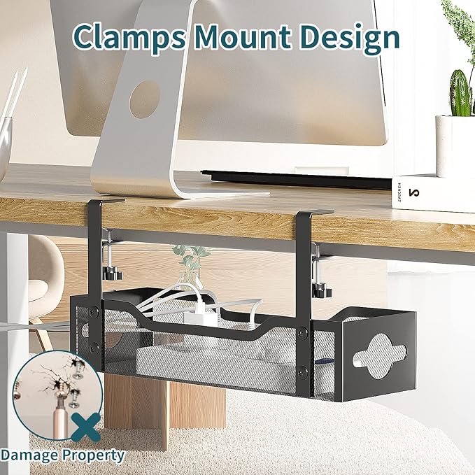 Under Desk Cable Management Tray No Drill, Metal Mesh Cable Management Under Desk with Clamp Mount, 2 Hole Cable Tray with Wire Management and Cord Organizer for Home Office Standing Desk - Image 2