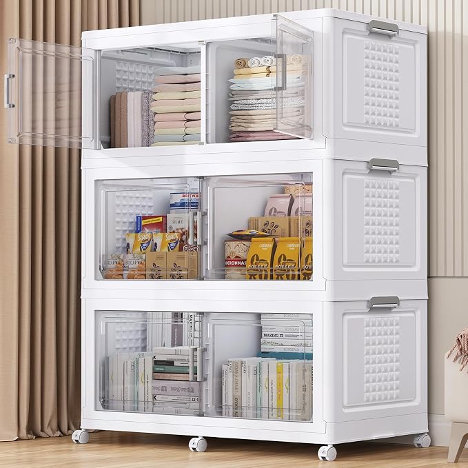 150Gal XL Stackable Storage Bins Foldable Box Cabinet for Home 3Pack White | Extra Large Plastic Boxes with Dividers Multi-Compartment Collapsible Closet Organizers and Storage Cabinet with Wheels Door by BROVIEW-EnjoytheArtofLife