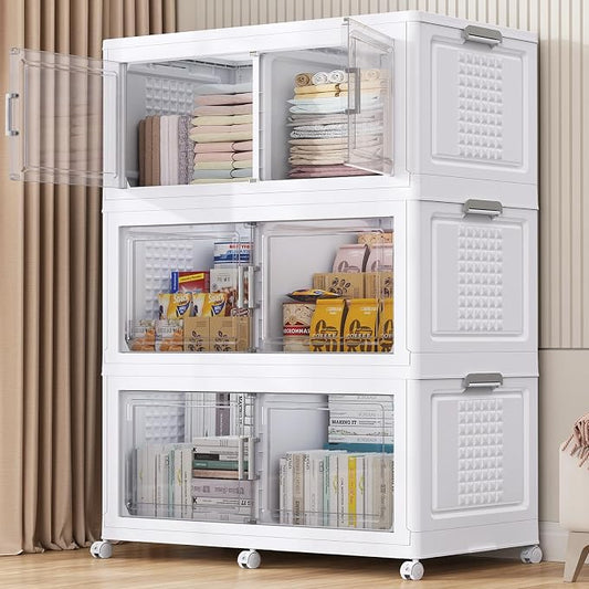 150Gal XL Stackable Storage Bins Foldable Box Cabinet for Home 3Pack White | Extra Large Plastic Boxes with Dividers Multi-Compartment Collapsible Closet Organizers and Storage Cabinet with Wheels Door by BROVIEW-EnjoytheArtofLife