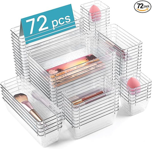 Vtopmart 72 PCS Clear Plastic Drawer Organizers Set, 4-Size Versatile Bathroom and Vanity Organizer Trays, Non-Slip Storage Containers for Makeup, Jewelries, Bedroom，Kitchen Utensils and Office | 4-Size Versatile Makeup Organizer, Non-Slip Storage Cont... by Vtopmart