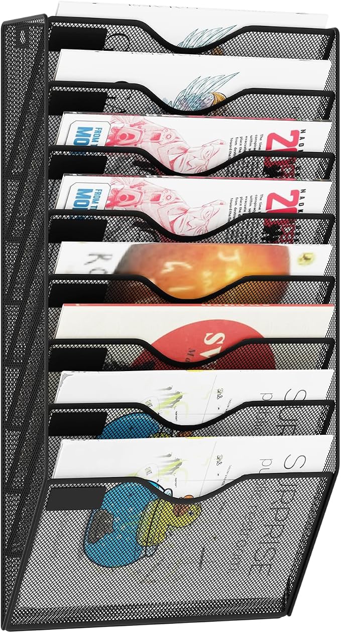 8 Pockets Hanging Wall File Organizer Mail Holder, Wall Mounted Paper Document Folder Holder, Clipboard Storage Organization Magazine Rack, Black by GDINDINFAN