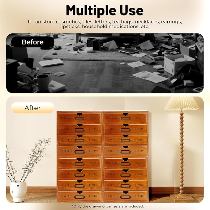 4 Pcs Vintage Wooden Drawer Organizer Set, 16-Drawer Desktop Storage Cabinet with Label Holders, Stackable Filing Box for Office, Home, Craft Supplies–Solid Pine Wood, No Assembly (Brown) - Image 5