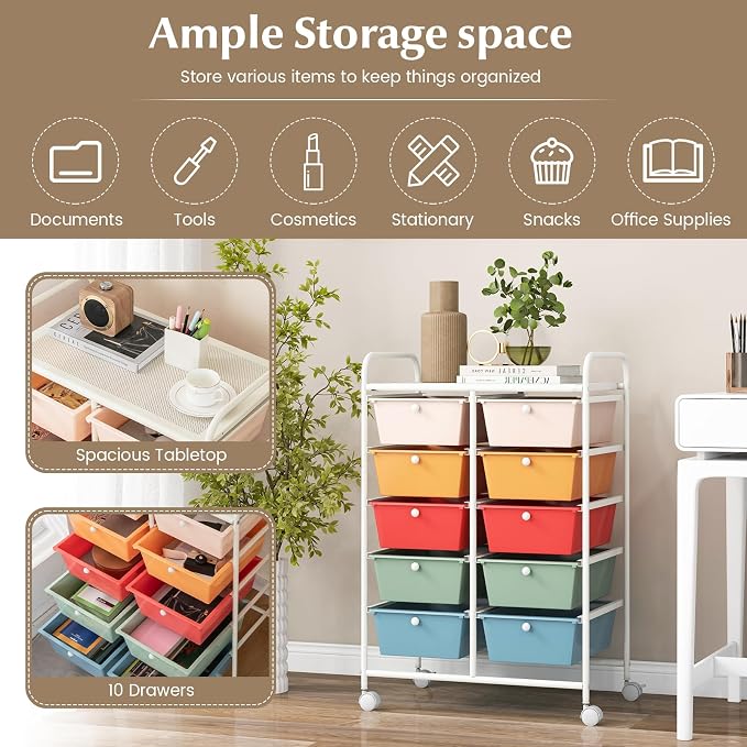 COSTWAY 10 Drawer Rolling Storage Cart, Utility Cart with Lockable Wheels | Mobile Art Supply Craft Organizer with Metal Frame, Multipurpose Drawer Cart for Paper for Office, School, Macaron - Image 4