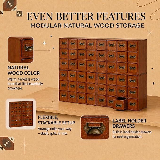 48 Drawer Wood Storage Organizer, Stackable Apothecary Cabinet with Brass Handles & Label Holders, Modular Card Catalog Drawer Chest for Crafts, Hardware, Beads, Spices, Office Desk - Image 3