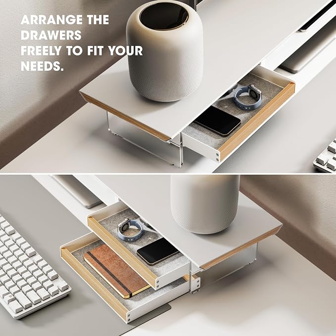 Fenge Dual Monitor Stand with Drawer, 42.5 Inch Large Monitor Riser with Acrylic Legs Supports, Computer Stand for Desk, 2 Tier Wood Desk Shelf with Storage Organizer for PC, Laptop, Printer, TV - Image 4