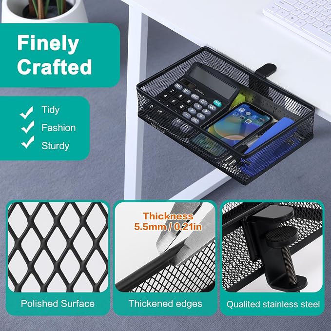 Under Desk Drawer, Clamp on Desk Organizer Under Table Hanging Desk Storage | 2 ways to clamp on: desk side or leg. Under desk organizer, clamp on desk drawer, basket hanging under table shelf, no-drill - Image 5