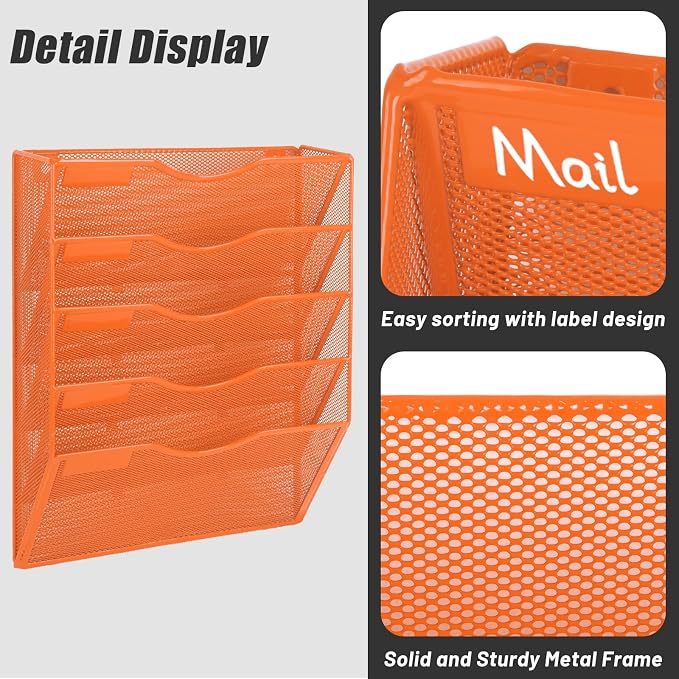 5 Pocket Mesh Hanging Wall File Organizer, Wall Mounted Mail Paper Document Folder Holder, Clipboard Storage Organization Magazine Rack with Nametag Label for Office Home School, Orange - Image 4