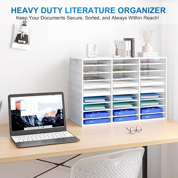Mail Sorter Adjustable Countertop Mail Holder, Heavy Duty Literature Organizer, Student Mailbox for Classroom, Desktop Bill Paper Organizer for Office Home School, 27 Compartments, White - Image 2