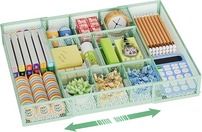 Marbrasse Expandable Desk Drawer Organizer, Mesh Drawer Organizer Tray with 10 Adjustable Compartments, Desk Organizers and Accessories for Office Supplies, Makeup & Vanity (Expandable-Green) by Marbrasse