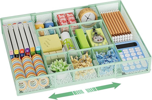 Marbrasse Expandable Desk Drawer Organizer, Mesh Drawer Organizer Tray with 10 Adjustable Compartments, Desk Organizers and Accessories for Office Supplies, Makeup & Vanity (Expandable-Green) by Marbrasse