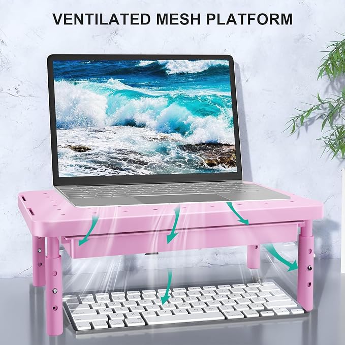 WALI Computer Monitor Stand with Storage, Monitor Riser 3 Height Adjustable | Laptop Riser with Airflow Vents, Desk Organizer for Computer, Printer, Notebook (PTT002-P), 1 Pack, Pink - Image 4