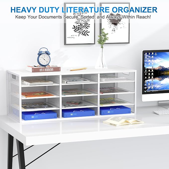 Mail Sorter Adjustable Countertop Mail Holder, Heavy Duty Literature Organizer, Student Mailbox for Classroom, Desktop Bill Paper Organizer for Office Home School, 12 Compartments, White - Image 2