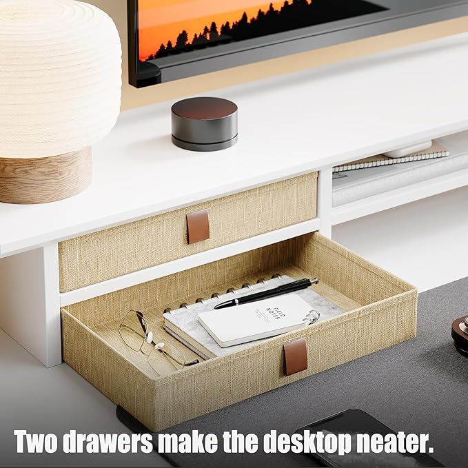 FENSULN Dual‑Tier Monitor Stand Riser with Drawers, Desktop Organizer Shelf Storage for Computer Screen 2 Monitors, Supports for PC Computer Monitor, Printer, Heavy TV Riser White - Image 4