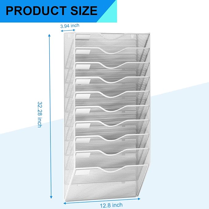 10 Pockets Mesh Hanging Wall File Holder Organizer Wall Mounted Paper Magazine Rack, Silver - Image 3