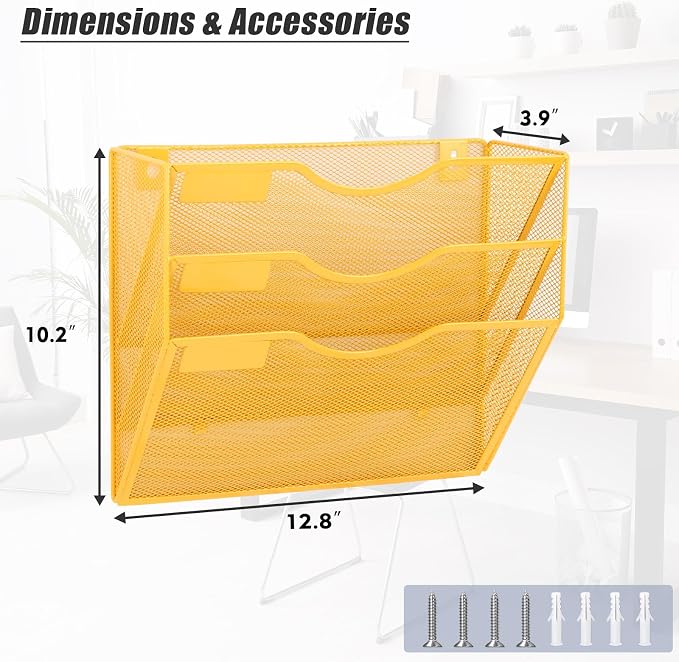 3 Pocket Mesh Hanging Wall File Organizer, Wall Mounted Mail Paper Document Folder Holder, Clipboard Storage Organization Magazine Rack with Nametag Label for Office Home School, Yellow - Image 2