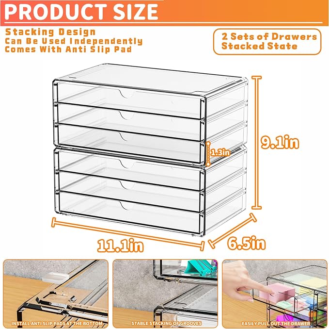 2 Pack Acrylic Storage Drawers With 6 Drawers,Stackable Desk Organizer and Makeup Organizer,Large Clear Office Supplies Organizer for Pen,Stationary,Palettes,Arts Craft Organizers and Storage - Image 3