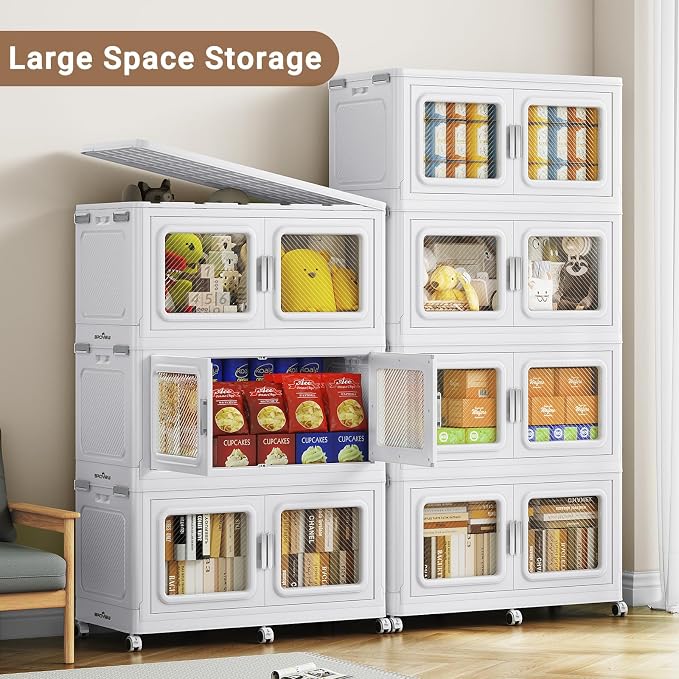 BROVIEW 300 Qt/75 Gal Stackable Storage Bins with Lids, 1 Pack, White | Large Stackable Storage Boxes w/ 1 Lid Folding Plastic Cart Organizer for Home Kitchen, Open Front Clear Door with Wheels - Image 3