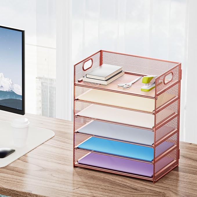 Marbrasse 2 Pack Desk Organizer with Handle, 6 Tier Paper Letter Tray, Mesh Desk File Organizer for Office, School and Home - Rose Gold - Image 5