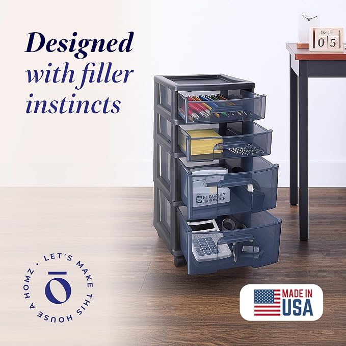 HOMZ Drawer Tower, 4-Tier Storage Cart with Removable Wheels, Black Frame | Plastic Organizer with Clear Bin Drawers for Bedroom, Bathroom, Home Office, and Dorm Rooms - Image 4