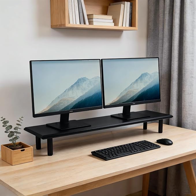 Bamboo Dual Monitor Stand Riser, Black Desk Shelf with Storage | 39.37-Inch Wide, 3.5-Inch Clearance, Fits Keyboards, Soundbars and Two 24-Inch Monitors for Home Office - Image 6