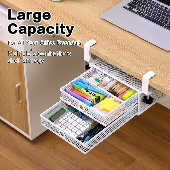 Under Desk Drawer, Clamp on Desk Organizer Slide Out Table Storage No Drill | 2Tier Under desk drawer: clamp on desk organizer, under desk drawer slide out, hanging desk organizer, no drill table storage - Image 2