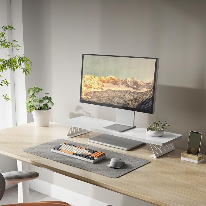 Fenge Monitor Stand Riser, Wooden & Metal Desk Shelf Organizer, White | 31.5in Computer Stand, Single Monitor Setup, for Compact Work Station, Multifunctional Monitor Shelf for Laptop, PC, Printer - Image 9