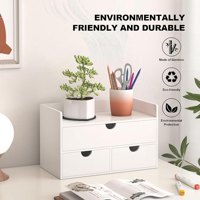 Bamboo Desk Organizer wtih Drawers Mini Desktop Drawer Tabletop Storage | 100% Bamboo Countertop Organizer Drawers,Makeup Storage,Kitchen Spice Organizers,3 Drawer Tabletop Storage,for Home Office - Image 5