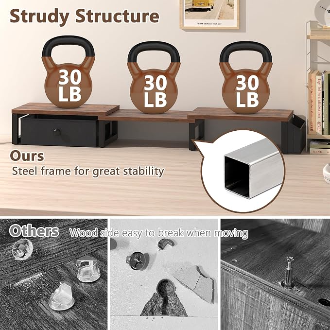 LAND·VOI Heavy Duty Dual Monitor Stand, Holds 2 Screens Up to 27 Inches, Adjustable Length and Angle Monitor Riser, Desk Organizer with Side Pockets and Drawers, Home Office Desk Storage, Rustic Brown - Image 2