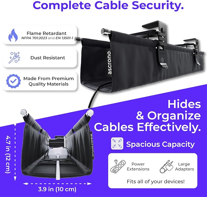 Original No Drill Under Desk Cable Management Tray 40.6" - Premium Black Fabric Cable Management Under Desk - Clamp/Screw Mount Cord Organizer - Supports Upto 66lbs - Large - Image 6