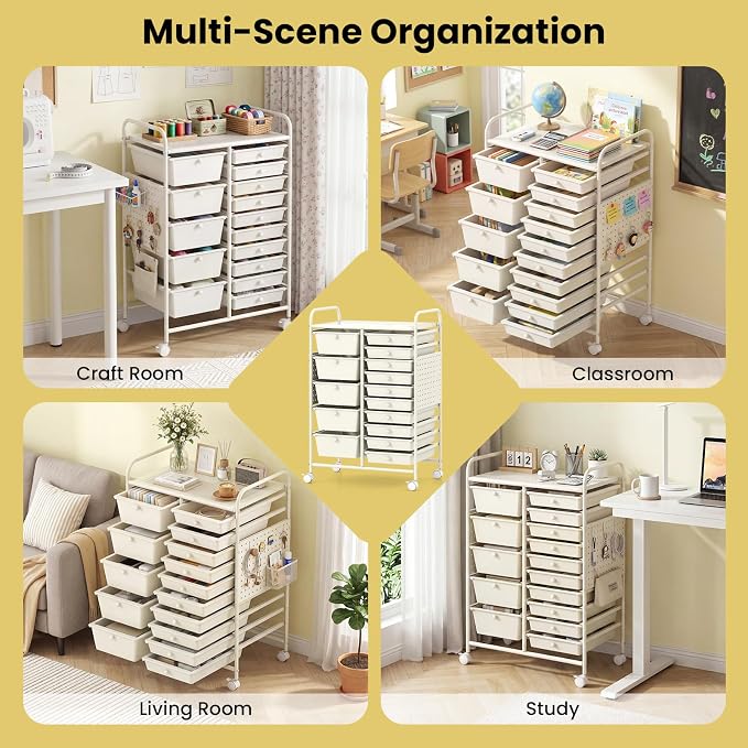 GOFLAME 15-Drawer Rolling Storage Cart with Pegboard, Craft Storage Cart with Lockable Wheels and Metal Frame, Art Cart Supply Storage Organizer for Home Office Classroom, White - Image 9