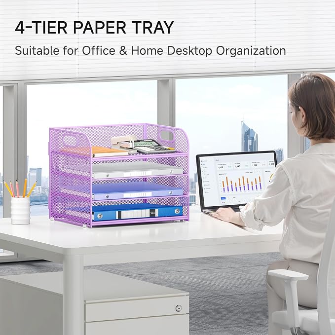 Lavatino 4-Tier Paper Organizer Trays - Purple Mesh File Folder Sorter with Handles, Desk Letter Holder Organizer for Office, Home, School Supplies Storage & Organization - Image 5