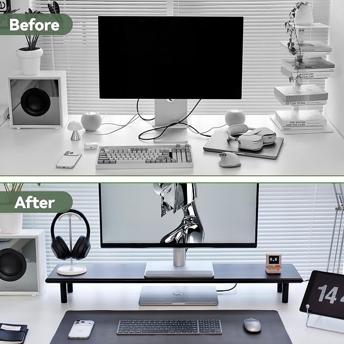 Bamboo Dual Monitor Stand Riser, Black Desk Shelf with Storage | 39.37-Inch Wide, 3.5-Inch Clearance, Fits Keyboards, Soundbars and Two 24-Inch Monitors for Home Office - Image 4