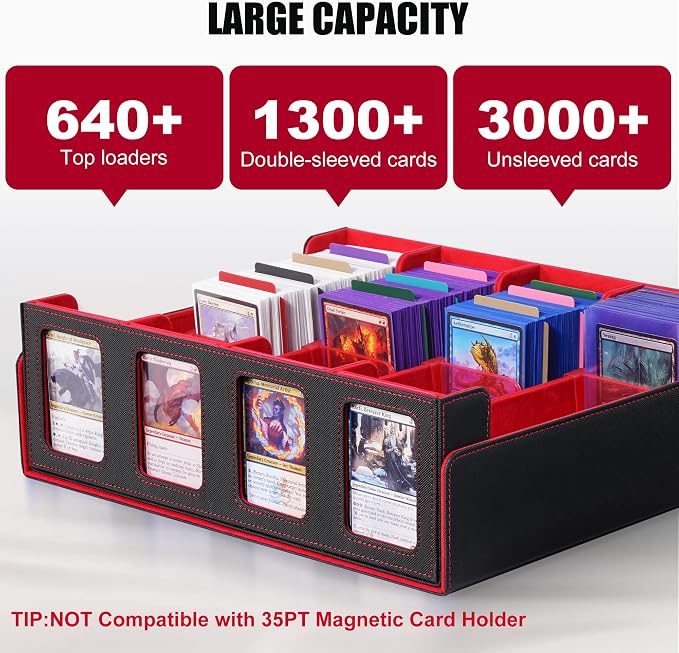 Kabinka Trading Card Storage Box with Commander Display, 4-Row Deck Case with Removable Lid; 2400+ Card Deck Box for MTG TCG Sports Card, 4 Top Loaders, 4 Stoppers, 24 Dividers,1 Dice Bag (Black Red) - Image 2