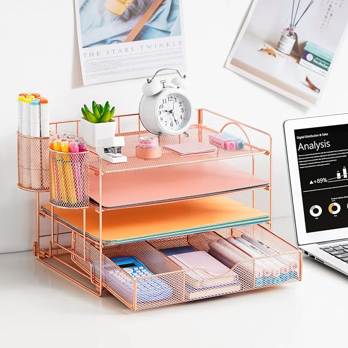 Lavatino 4-Tier Desk Paper Letter Tray Organizer for Desk Accessories & Workspace Organizers with Drawer and 2 Pen Holder for Home, School, Office Supplies Storage (Rose Gold) - Image 2