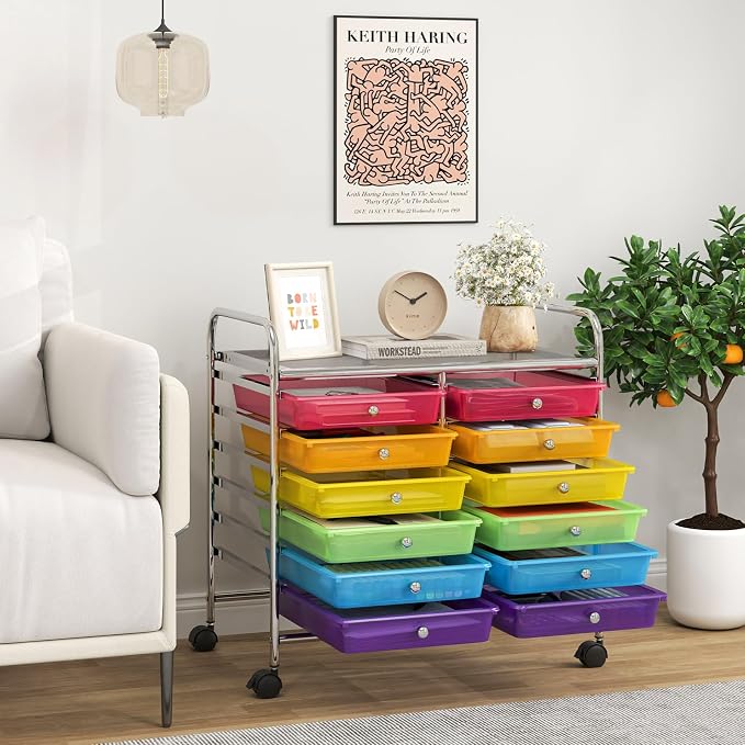 Giantex 12 Drawers Rolling Cart, Mobile Storage Drawer Cart, Classroom Organizer Cart for Office School Supplies Tools Scrapbook Paper Craft Small Printer, Utility Cart on Wheels, Rainbow - Image 2