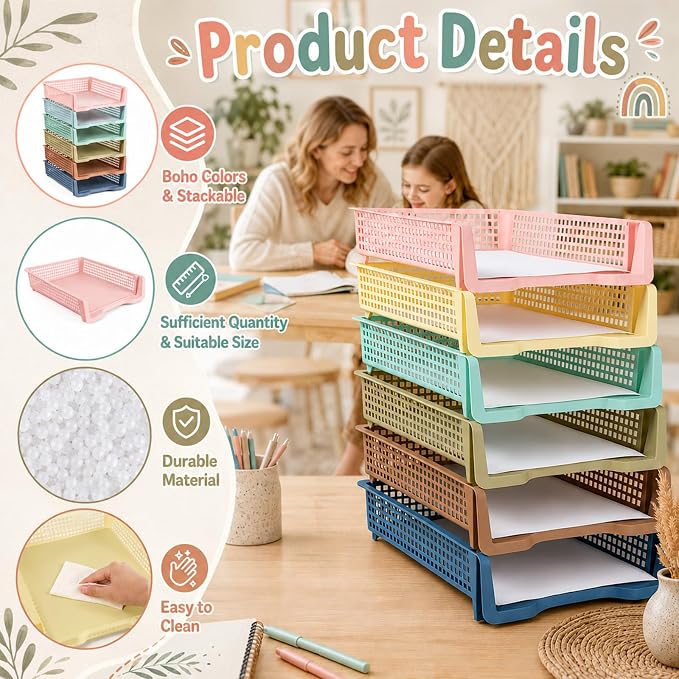 Set of 12 Boho Turn in Trays for Teachers Stackable Classroom Paper Letter Trays Plastic Classroom Desk Letter Organizer Tray Storage Baskets for Library, Drawers, Office, Home - Image 3
