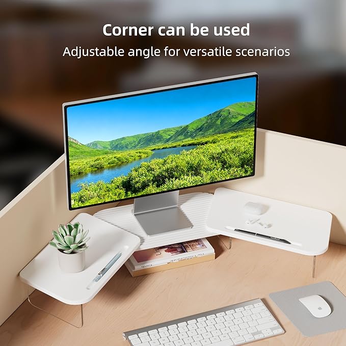 AFOOYO LED Dual Monitor Stand Riser for 2 Monitors,Office Desktop Wooden Stand Adjustable Length and Angle 3 Shelf,Extra Long Multifunctional Stand up to 39.3" for Computer,Laptop,TV,White - Image 4