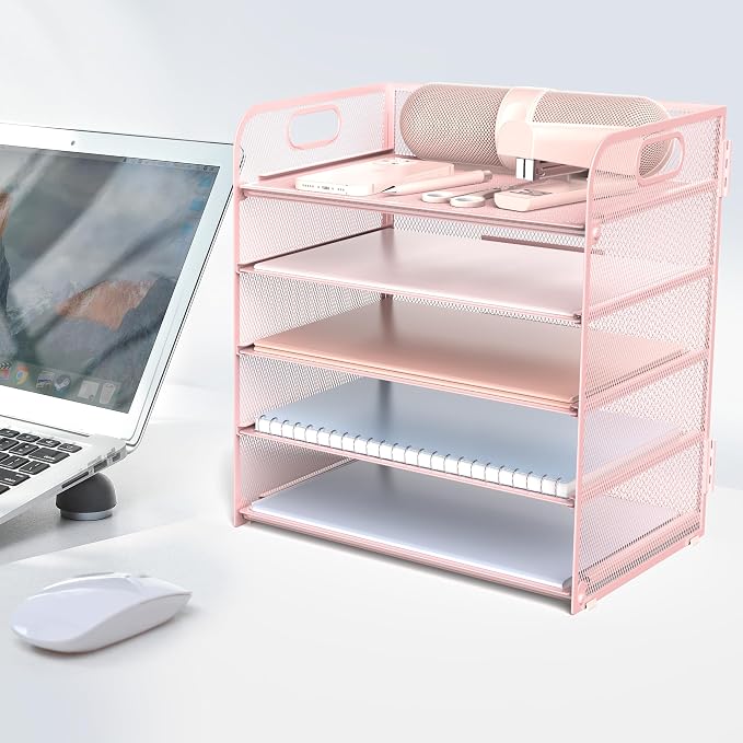 Sinboun Letter Tray Paper Organizer 5-Tier Desk Organizer File Organizer Paper Holder with Handle, Metal Desktop Document Shelf Tray Office Classroom Organization - Pink, PK5CENGTISHOU - Image 6