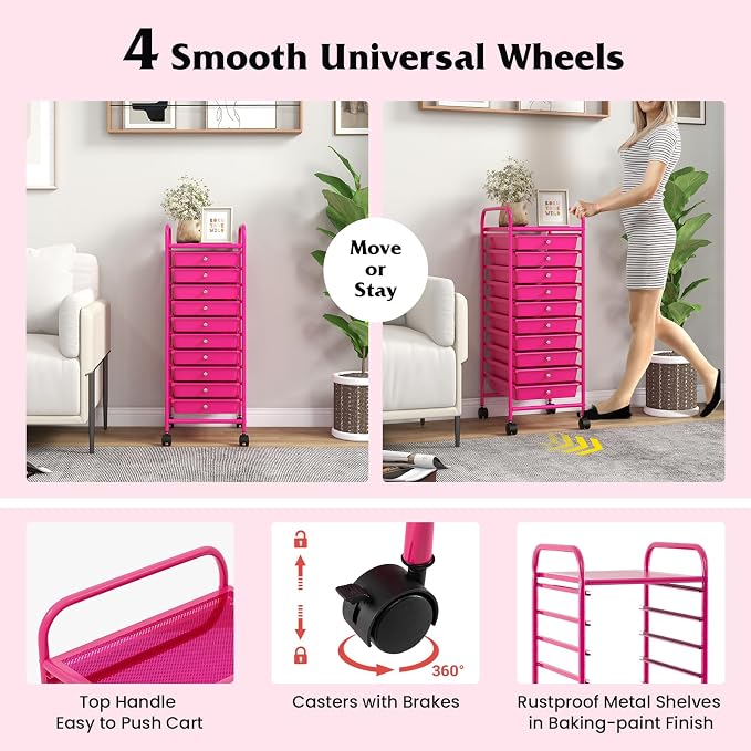 Storage Cart, Rolling Utility Cart with 10 Drawers, Portable Handles & Lockable Wheels, Mobile Paper Toys Storage Organizer Large Capacity for Home Office School Teacher (Hot Pink) - Image 5