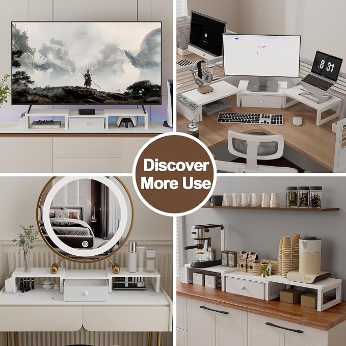 LAND·VOI Heavy Duty Dual Monitor Stand, Holds 2 Screens Up to 27 Inches, Adjustable Length and Angle Monitor Riser, Desk Organizer with Side Pockets and Drawers, Home Office Desk Storage, White - Image 8