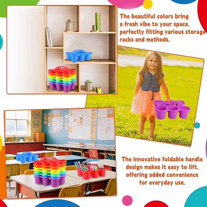 6 Pack Classroom Caddy Organizer with Handle Colorful Plastic Table Caddy Drink Cup Caddies Holder 12×9×3.5 Inches Storage School Supplies 6 Compartments for Table Crayon Pencil Cup Marker Craft - Image 6