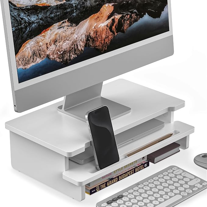 16.5” Bamboo Monitor Stand with Phone & Tablet Holder Desk Shelf | Monitor Riser for 36-48 Inch Desk Cozy Computer Setup Workplace Organizer Keyboard Storage Compact Ergonomic White by WELLWENG