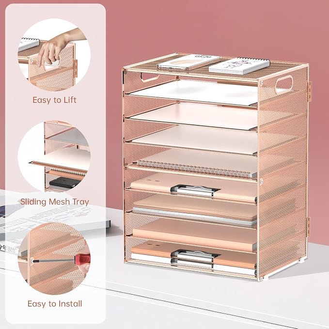 9-Tier Paper Organizer for Desk, Metal Letter Tray with Handles, Gold Rose | Desk File Organizer with Removable Trays for Sorting Files, Folders, Mail and Printer Paper at Home, School or Office - Image 4