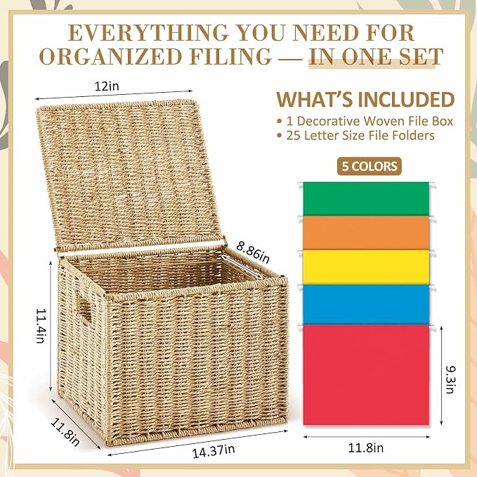 Jingmore Paper Rope File Box Organizer with 25 Hanging File Folders, Collapsible Letter Size Filing Storage Box with Lid, Handwoven Document Basket, Decorative Document Storage for Office & Home - Image 2